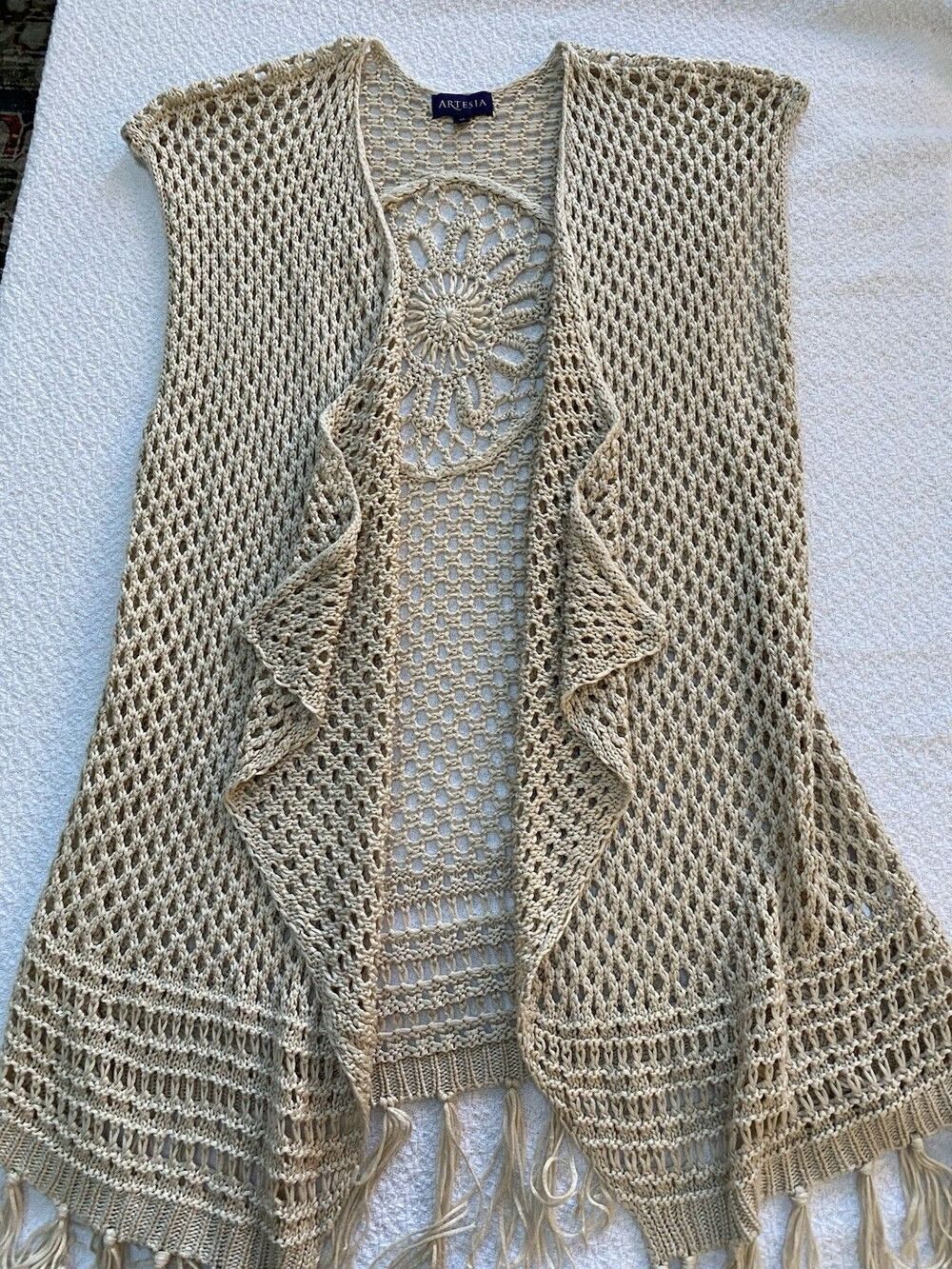 Artesia Crochet Knit Vest Medallion Back Fringe Trim Natural Beige Boho Medium